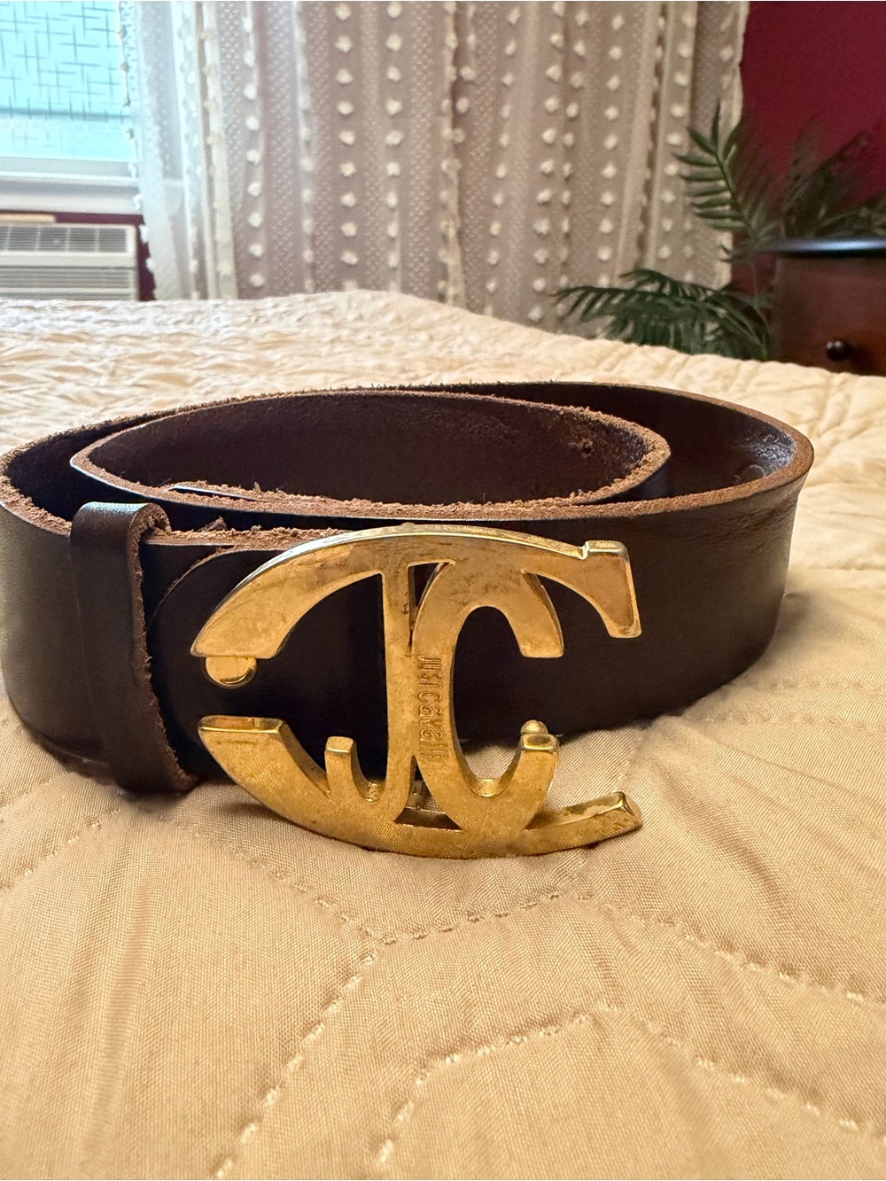 Just Cavalli Brown Leather Belt with Gold Logo Buckle